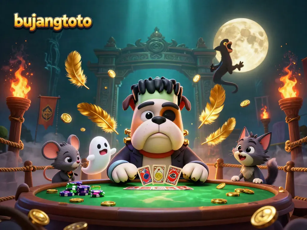 Engage with bujangtoto at a vibrant casino scene featuring a bulldog monster, ghost mouse, and werewolf kitten.
