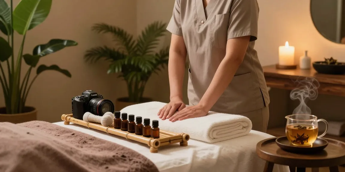 Relaxation room setup at Balanced Massage highlighting mantra88, essential oils, and calming atmosphere.