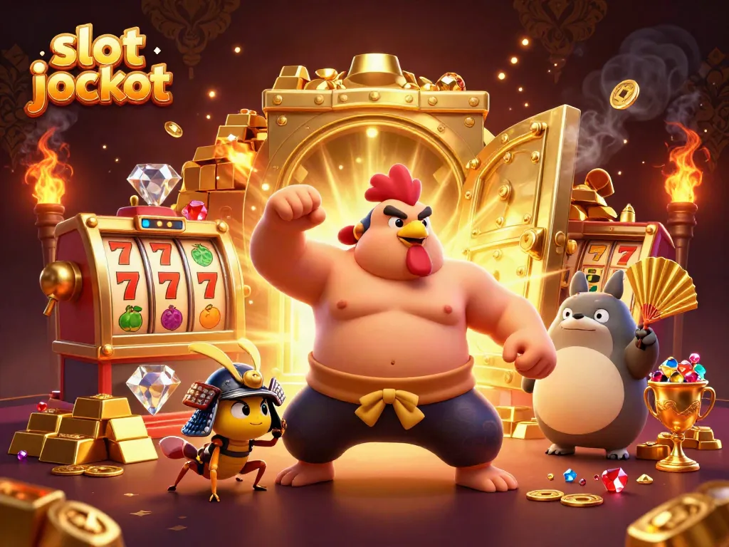 Experience the excitement of slot jackpot with dynamic 3D characters and vibrant casino elements.