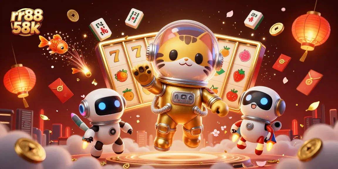 Experience the vibrant charm of rr88 58k with a space explorer cat amidst casino thrills.