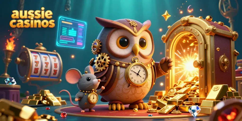 Aussie casinos illustrated with a steampunk owl and mouse, surrounded by golden treasures and slot elements.