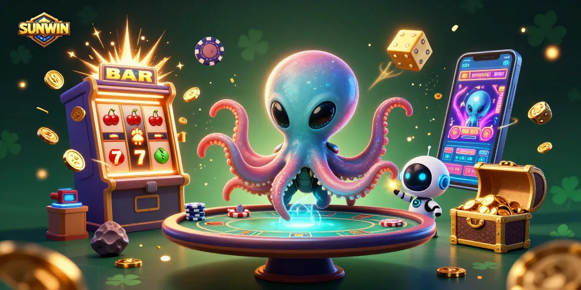 SUNWIN offers thrilling gambling experiences with a colorful scene featuring alien characters at a poker table.