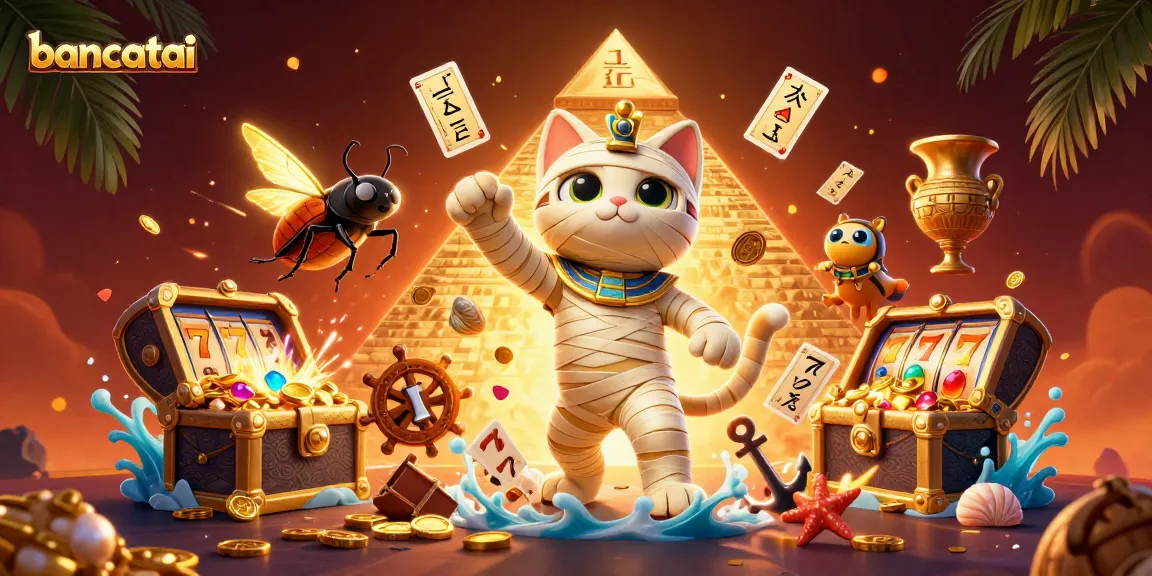 Experience excitement at bancatai with a mummy cat, treasures, and slot reels in a dynamic casino scene.