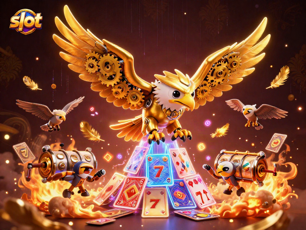 Experience thrilling slot action with a cybernetic golden eagle diving through slot reels and cards.