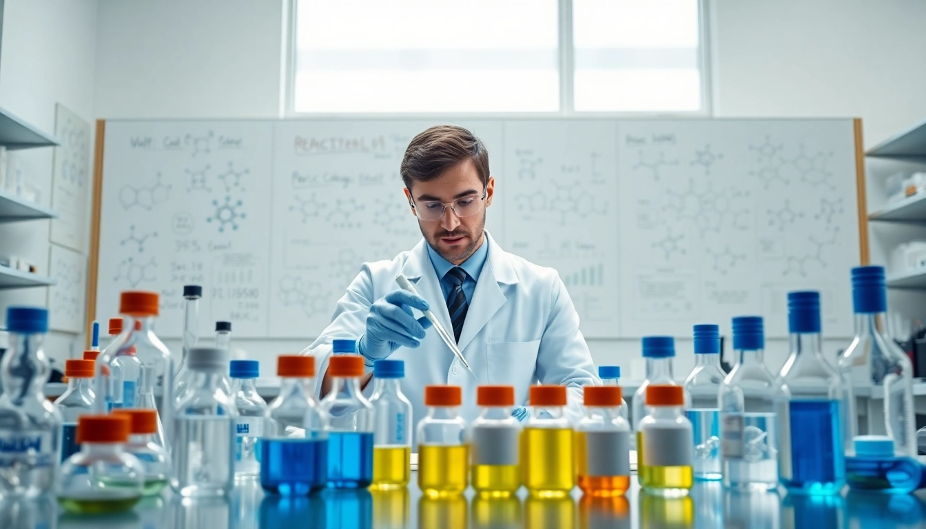 Explore innovative research compounds in a professional lab with a scientist analyzing peptides.