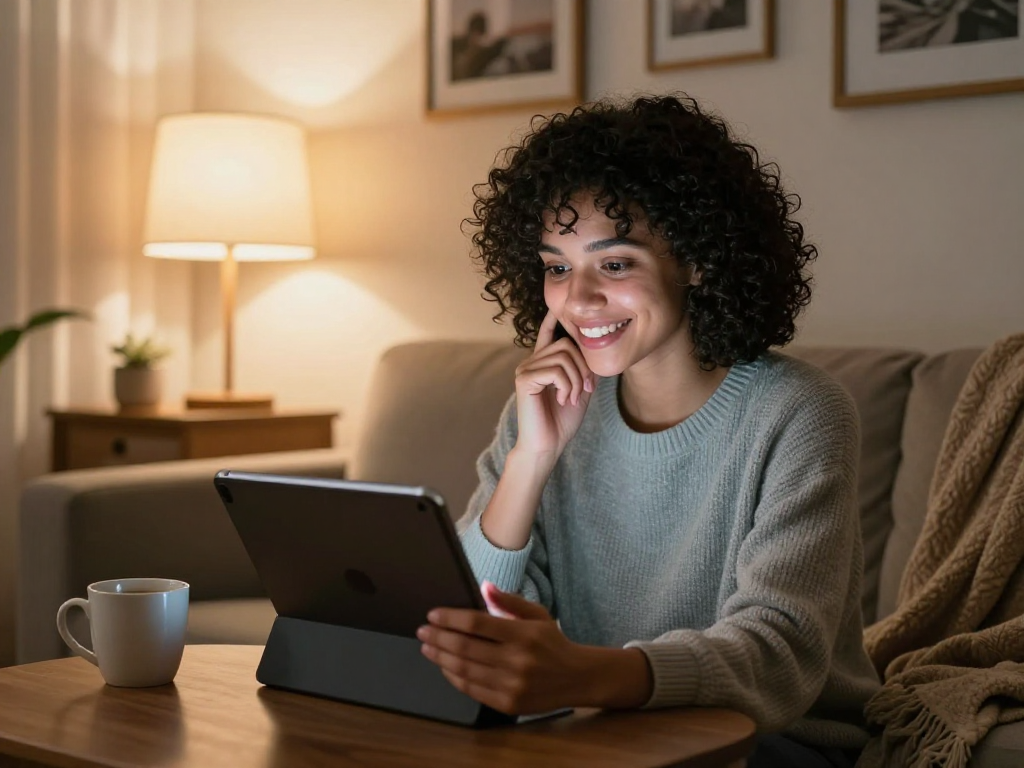 Engaging moment with nsfw ai girlfriend on tablet in cozy living room.