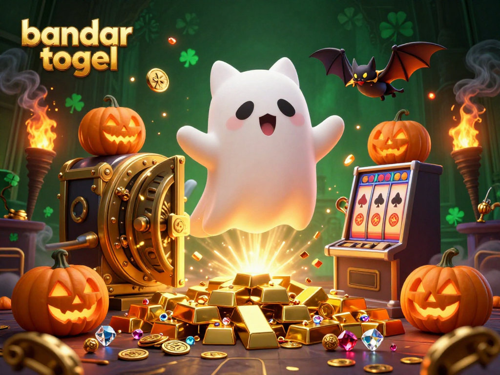 Engage at bandar togel with a playful ghost cat and vampire bat in a haunted casino, surrounded by treasures.