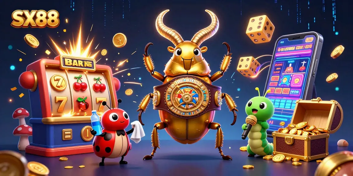 SX88 showcases a dynamic casino scene with a golden stag beetle champion, cartoon characters, and casino elements.