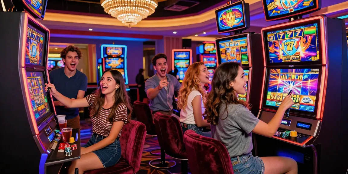 Excited group of friends enjoying the 777 slot machine experience in a vibrant casino setting.