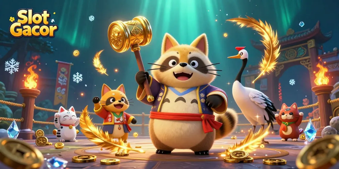 Slot Gacor menghadirkan suasana ceria dengan karakter tanuki dan kucing keberuntungan, menambah serunya permainan.