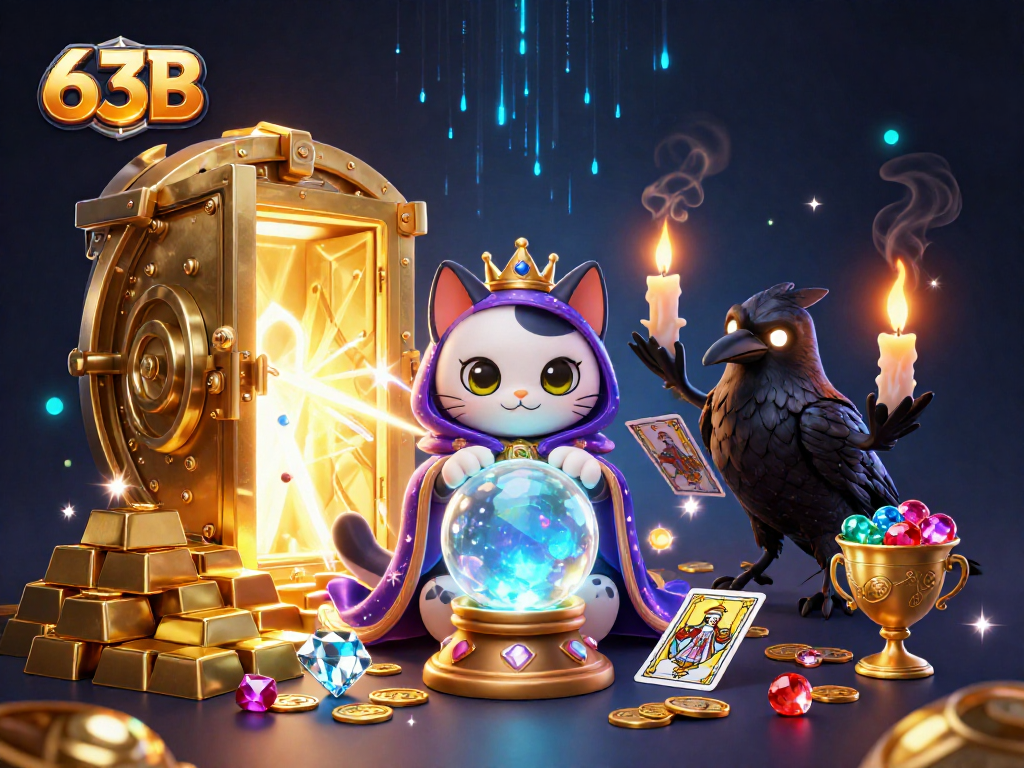 63B oferece jogo de cassino com um gato místico e um corvo em meio a tesouros brilhantes.