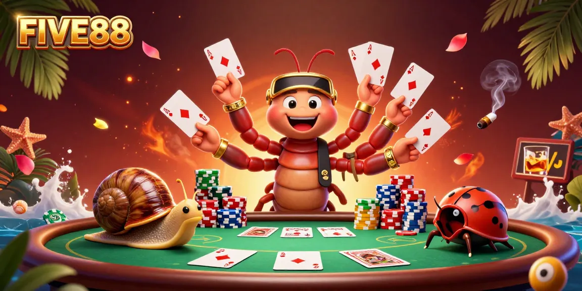 Experience the excitement of FIVE88 with a vibrant casino scene featuring a millipede dealer and colorful poker elements.