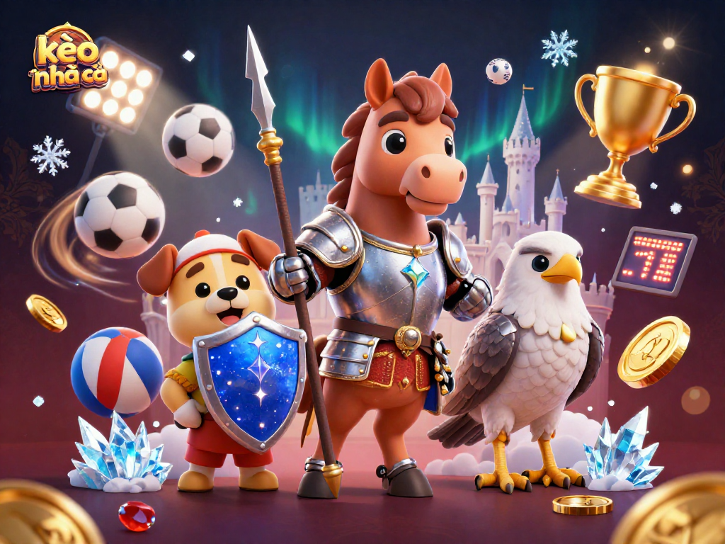 Experience kèo nhà cái through an action-packed 3D illustration showcasing medieval characters and sports betting elements.