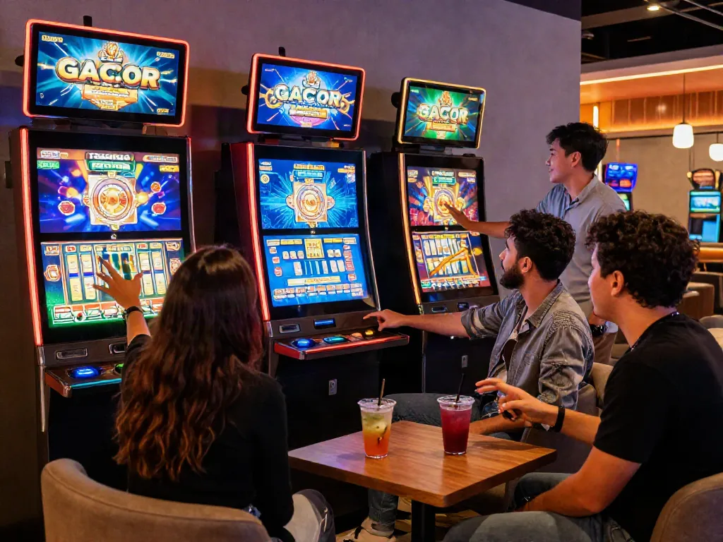 Friends enjoying an exciting slot gacor game in a vibrant urban lounge.