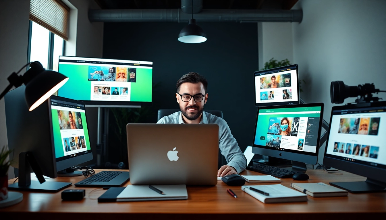 Showcase Shopify theme customization process with a design expert in an engaging workspace.
