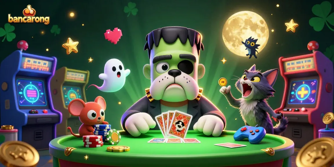 Join the fun at bancarong as a Frankenstein bulldog deals cards in a vibrant casino scene.