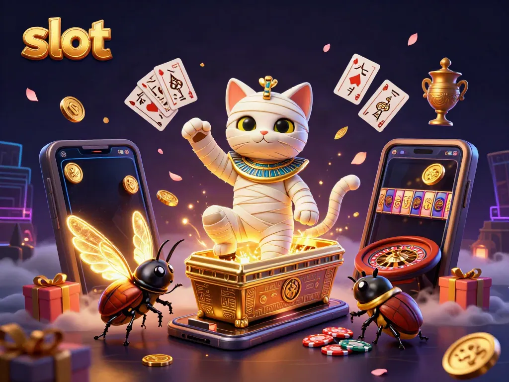 Rasakan keseruan permainan slot dengan kucing mumi dan skarab yang bersinar dalam ilustrasi kasino yang berwarna-warni.