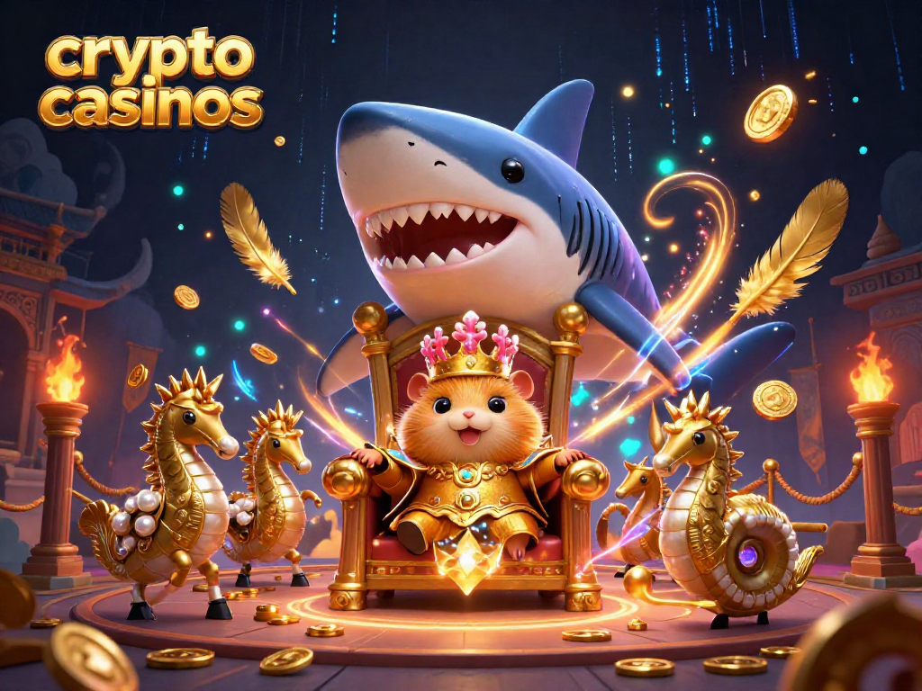 Les crypto casinos évoluent dans une arène dynamique, avec un roi hamster et des gardes sous-marins, entourés de pièces d'or.
