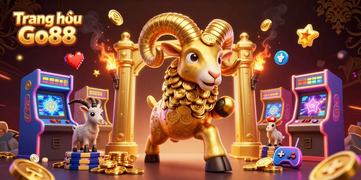 Experience vibrant gaming excitement at Trang chủ Go88 with glowing arcade games and charging golden ram.