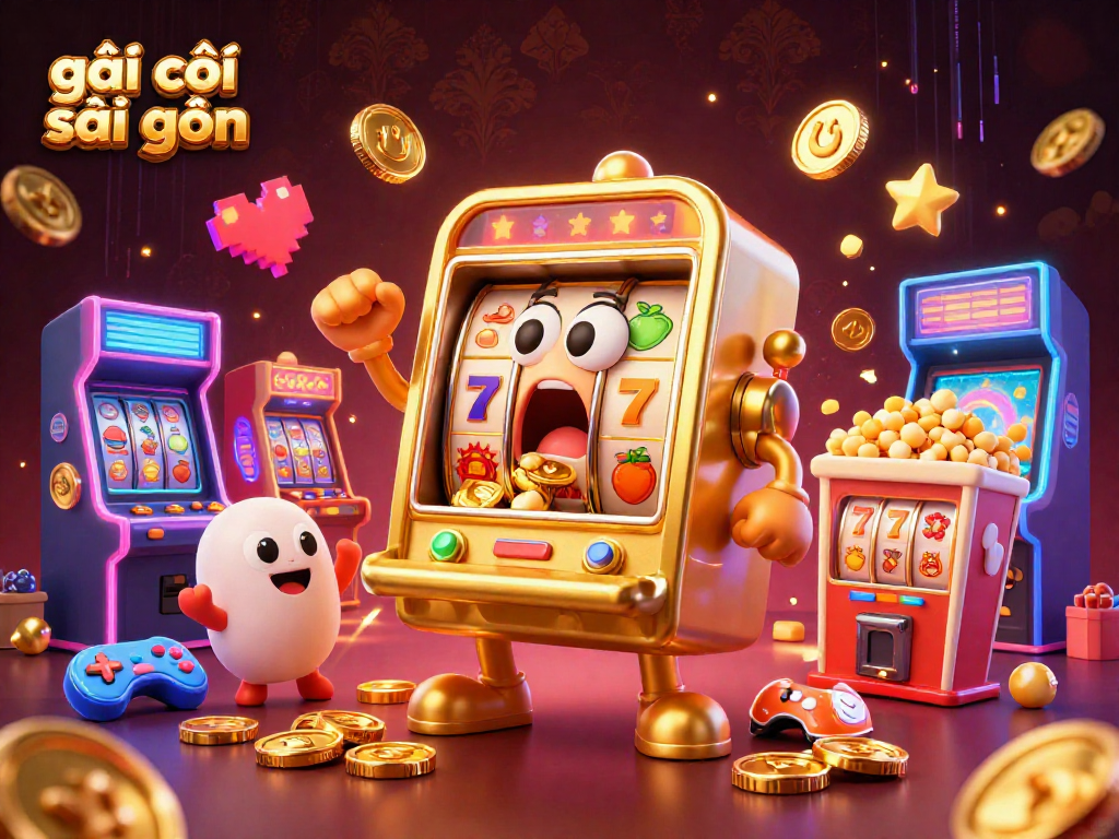 Engaging illustration of gambling fun featuring a slot machine celebrating a jackpot with coins pouring out, showcasing gái gọi sài gòn.