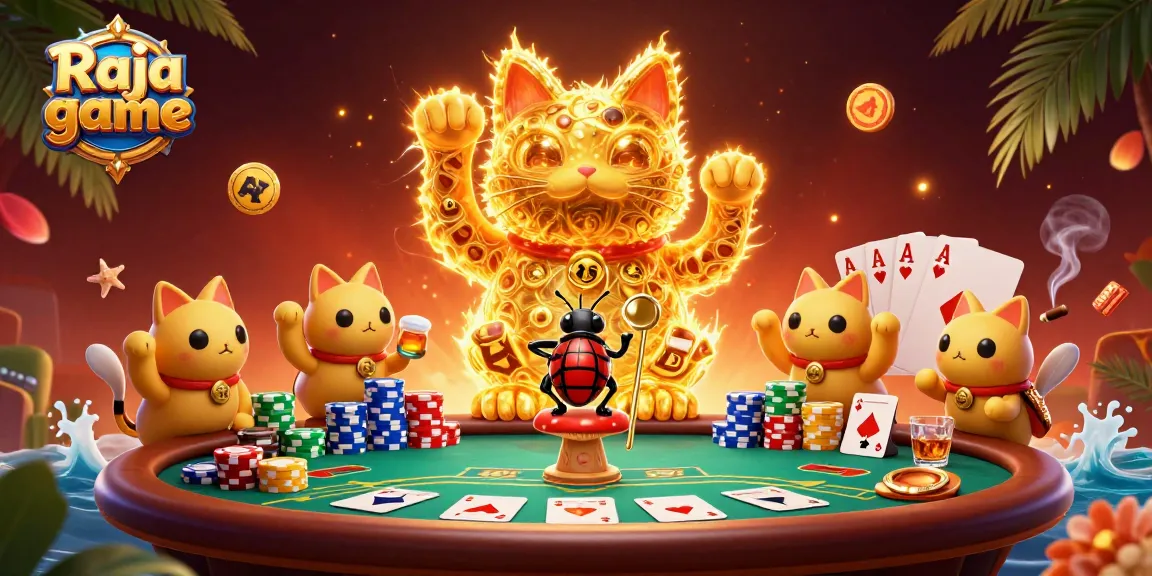 Engage with gaming excitement in Raja game featuring a giant lucky cat amidst vibrant casino elements.