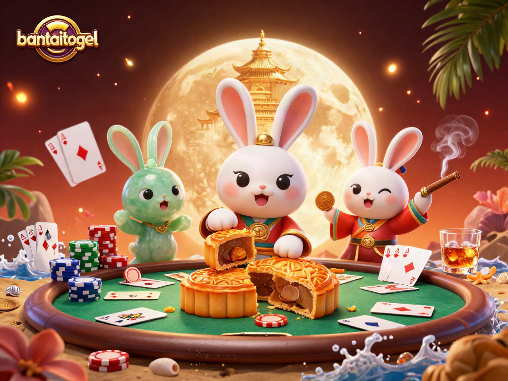 Menggandakan kesenangan di bantaitogel dengan karakter bulan yang melambangkan keberuntungan dan chip poker yang menggelegak.
