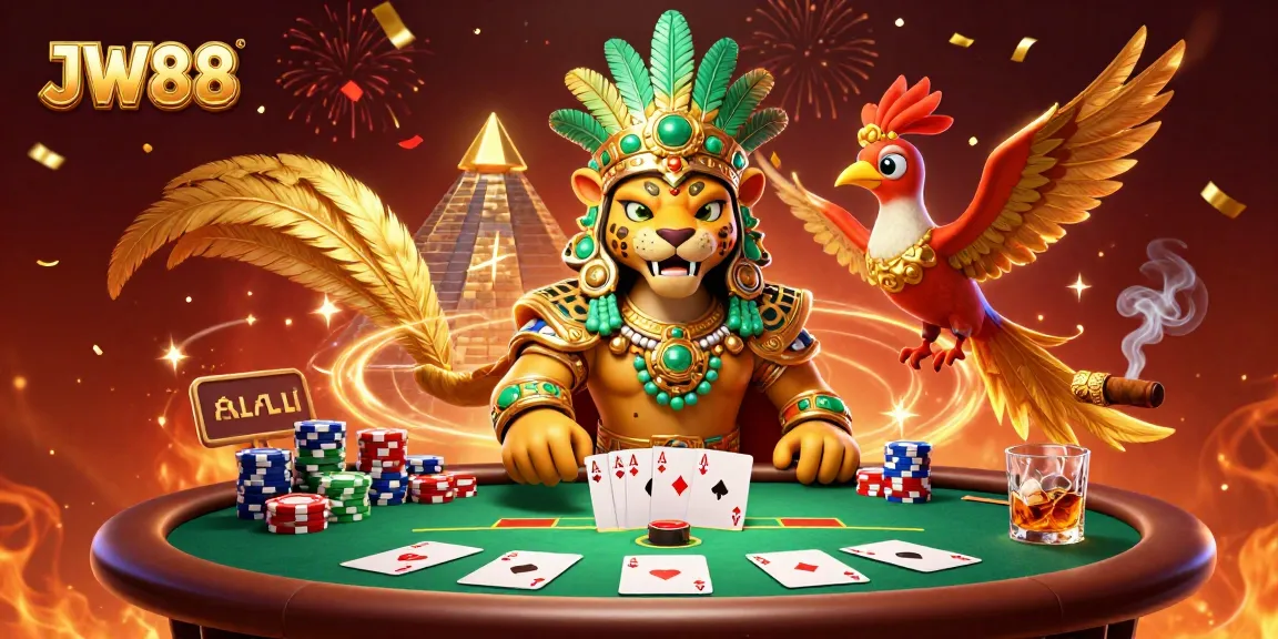 Engage in thrilling poker action at JW88 with vibrant 3D illustration showing Mayan and quetzal elements.