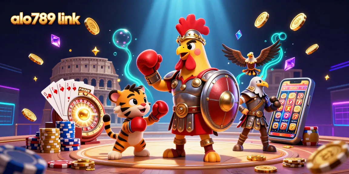 Experience thrilling action at the alo789 link with a gladiator rooster and casino elements.