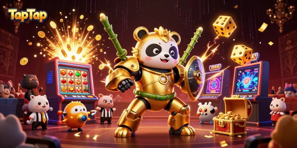 Experience the thrill of TapTap with a vibrant casino scene featuring a mech-suit panda, slot machines, and dynamic casino elements.