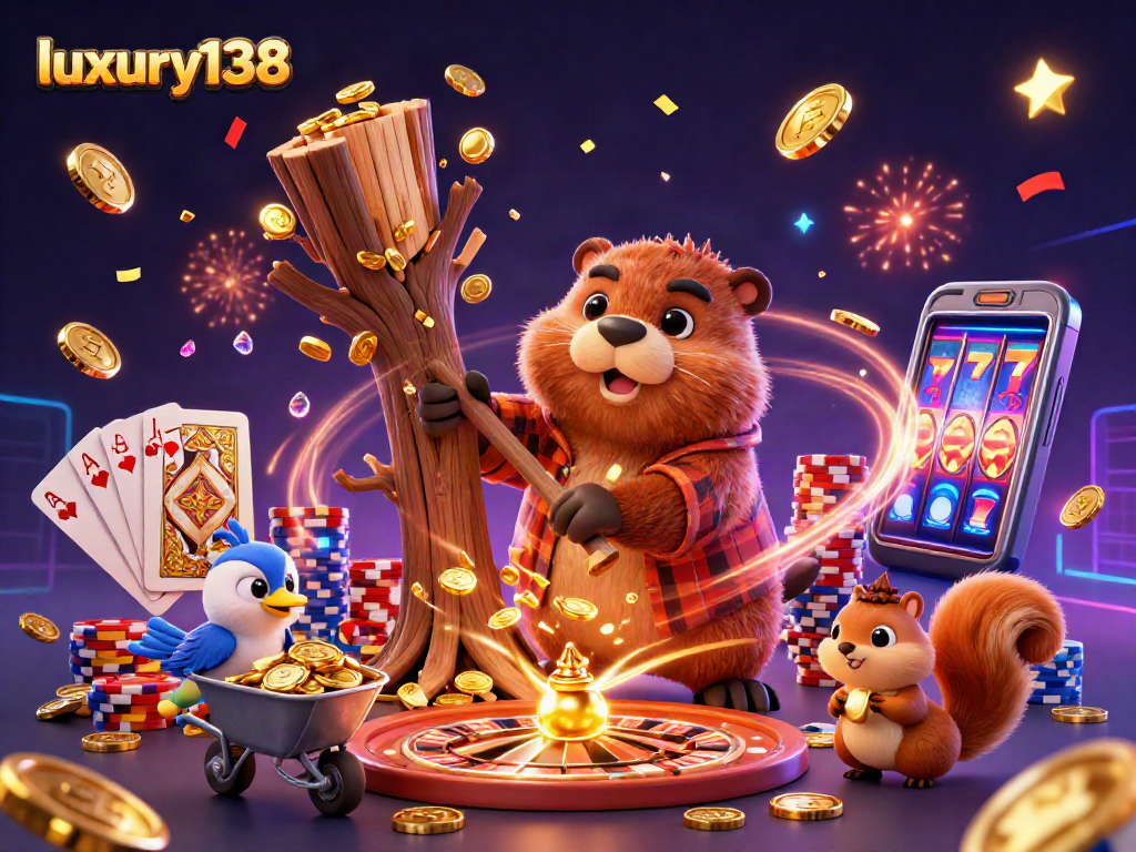 Permainan di luxury138 menunjukkan beaver memotong pohon emas dengan koin berjatuhan.