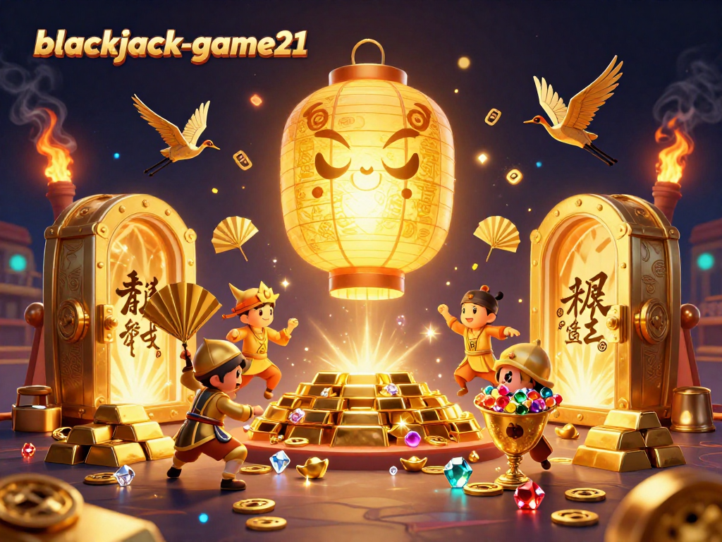 Experience thrilling blackjack-game21 action with golden lantern spirits and treasures illuminated in a vibrant casino.