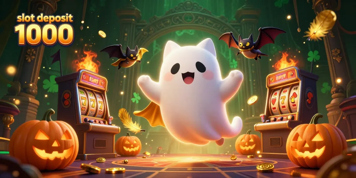 Experience thrilling gameplay at slot deposit 1000 with friendly ghost cat and vampire bat in a haunted casino.
