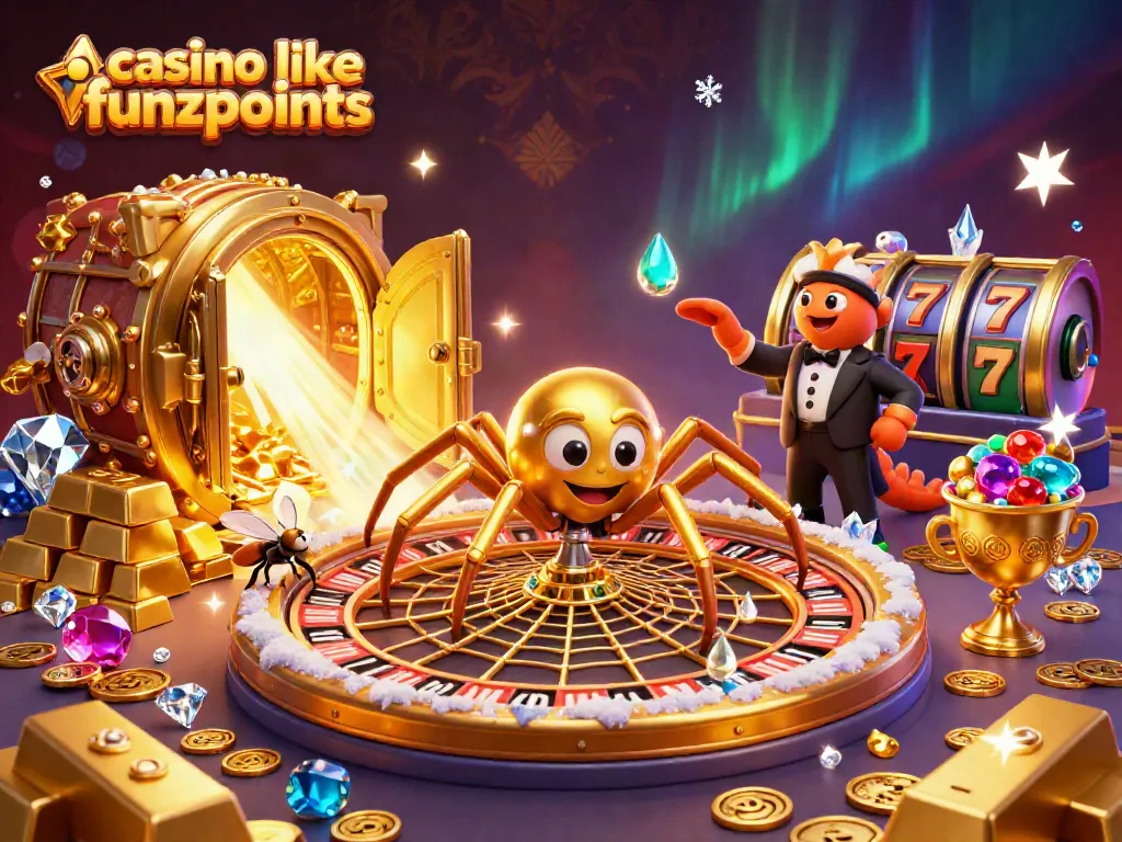 Spin and win with casino like funzpoints in this vibrant 3D illustration featuring a spider, a fly, and a centipede.