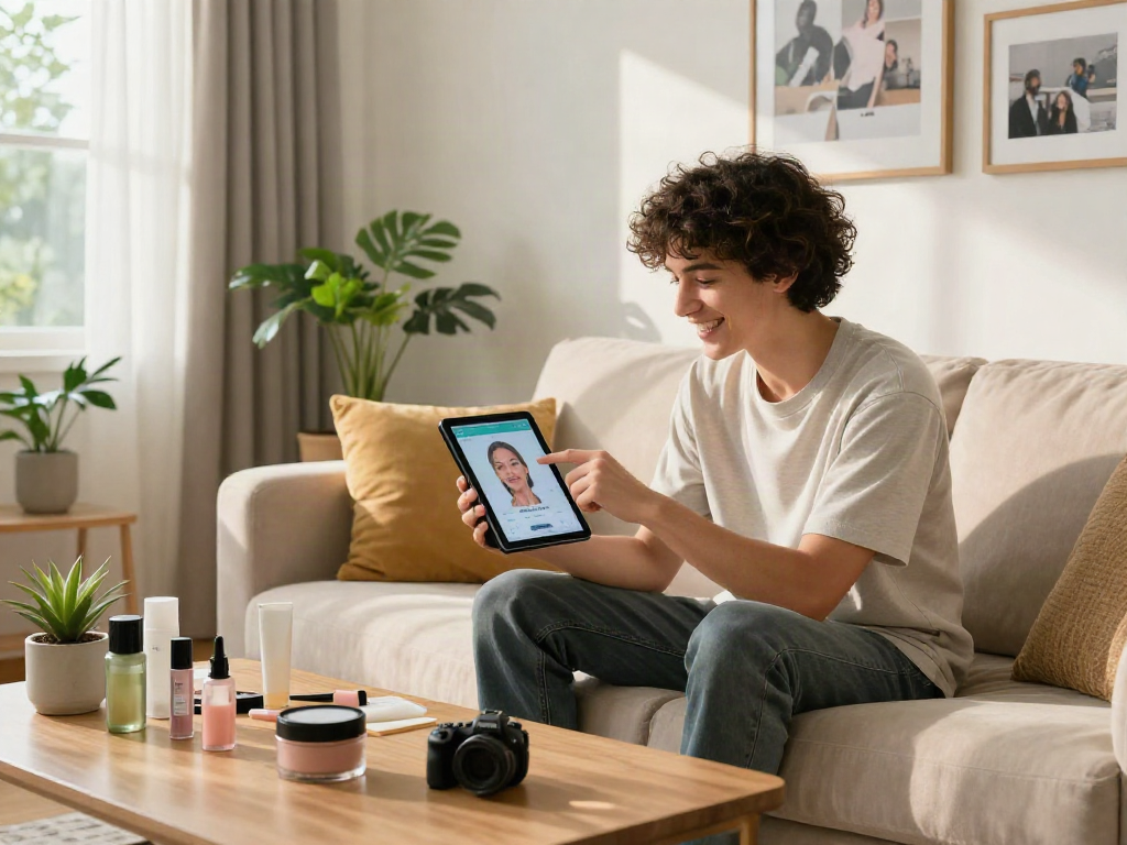 Person exploring how old do I look through an interactive age estimation app in a cozy living room.