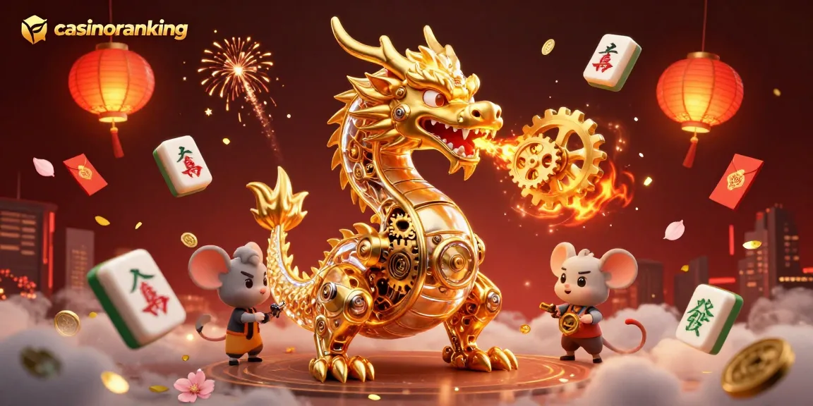 Engage with casinoranking's vibrant 3D casino world featuring a golden dragon and festive gaming elements.