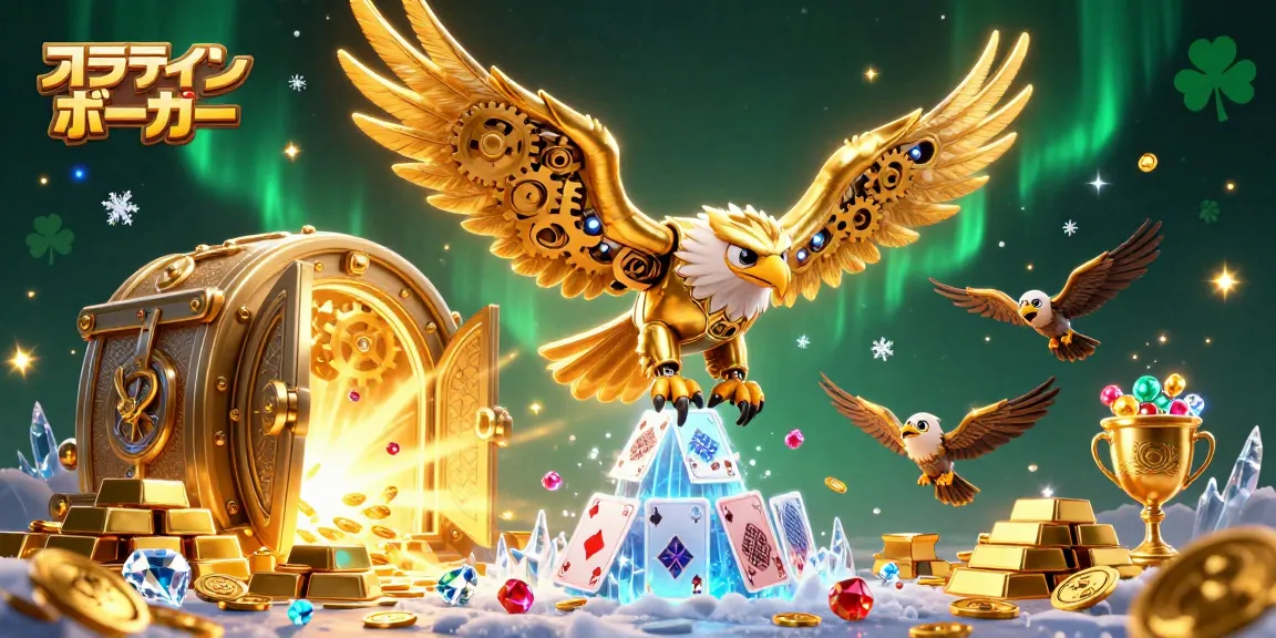 オンラインポーカーの楽しさを体感しながら、金色の鷹とハンドカードが舞う幻想的なシーン。