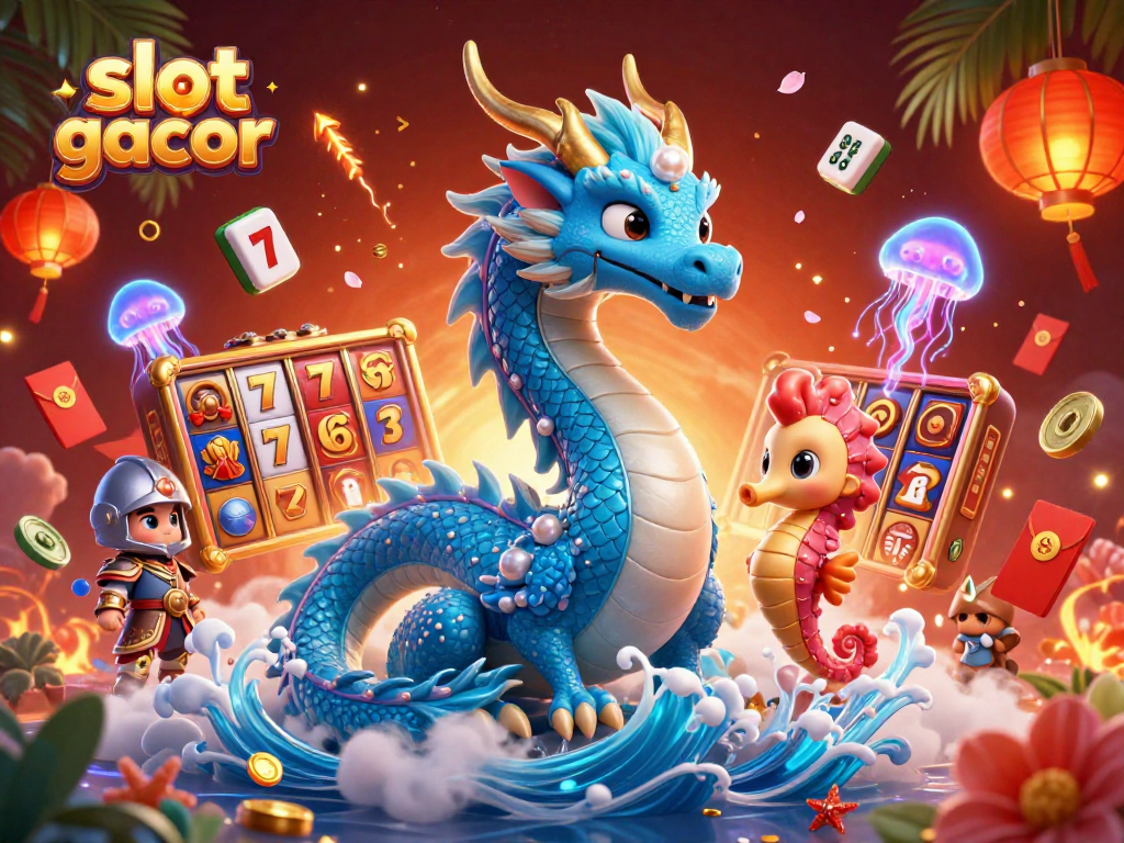 Experience thrilling wins with slot gacor as a majestic dragon and knight explore jackpot symbols in a vibrant casino scene.