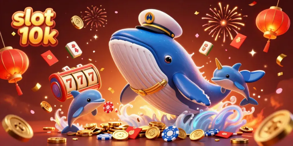 Experience winning excitement at slot 10k with a whimsical casino-themed scene featuring playful characters.