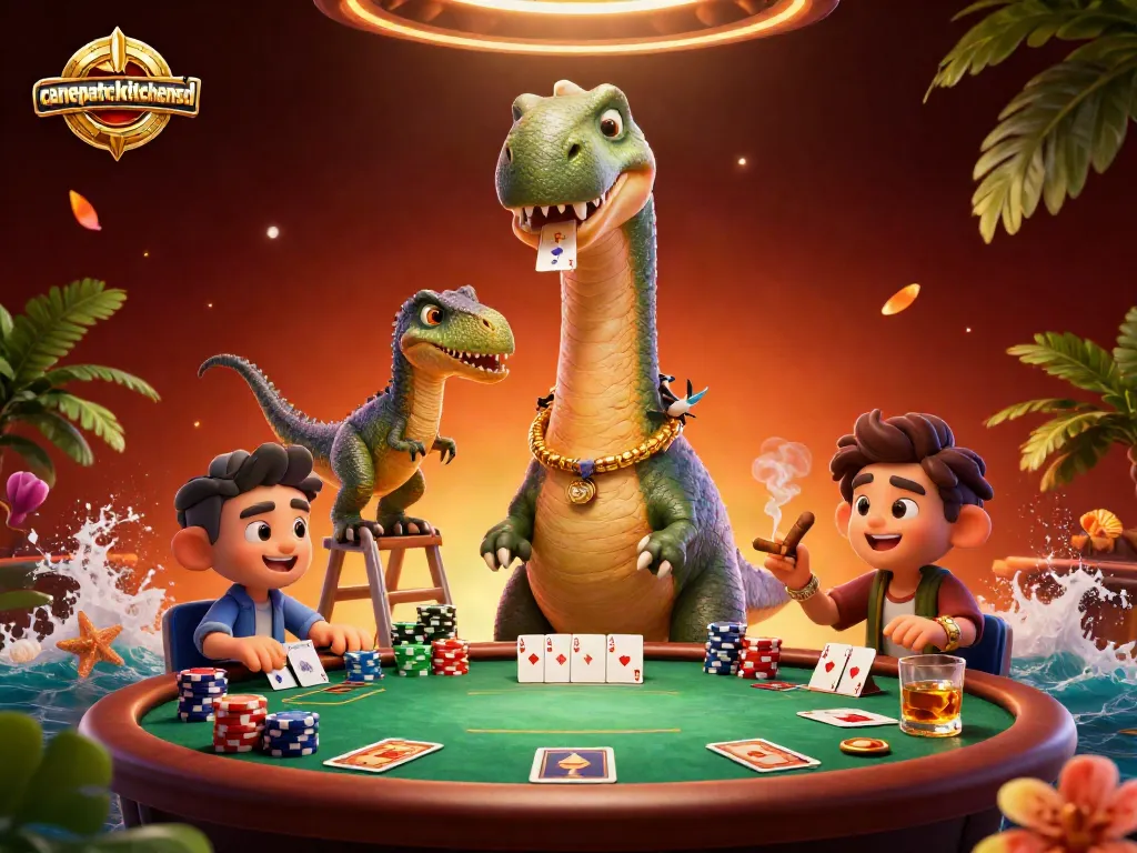 Experience the thrill of canepatchkitchensd with a vibrant 3D casino scene featuring unique dinosaur characters.