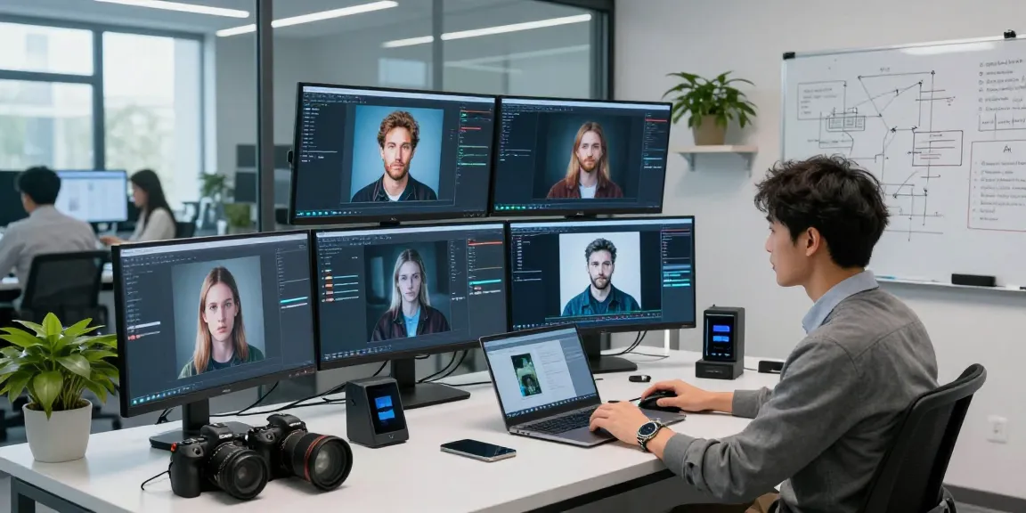 AI-Generated Image Detection analysis in a modern tech lab with advanced software interfaces.