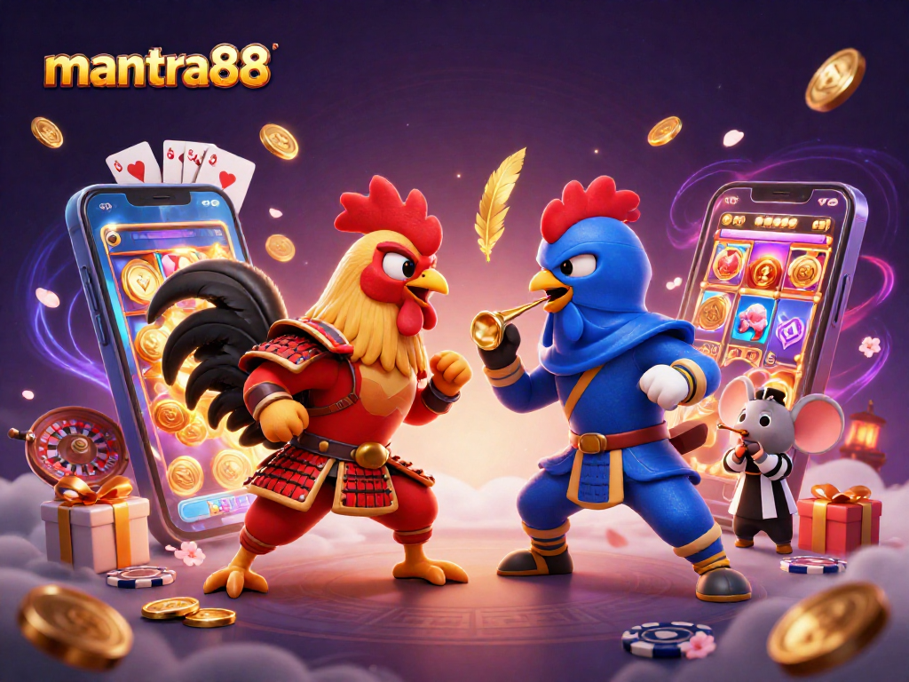 Engage with mantra88's thrilling action as roosters compete amidst vibrant casino elements.