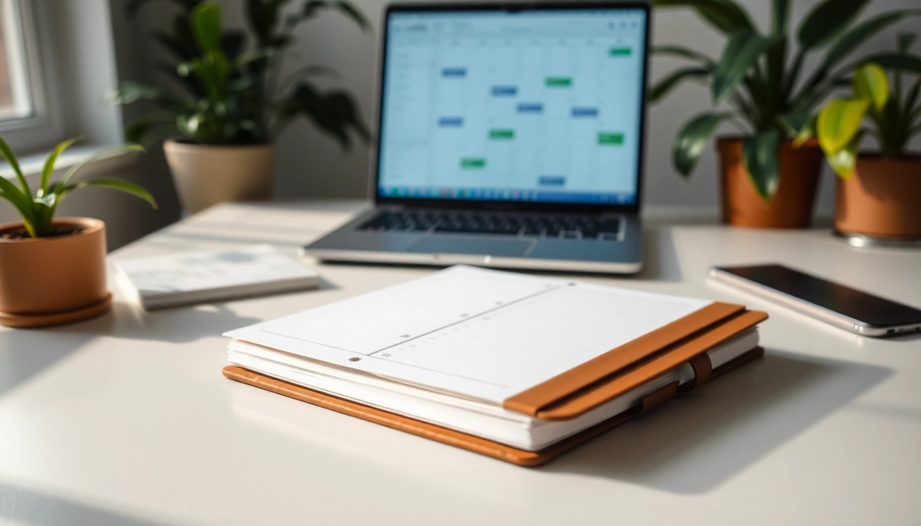 Seamlessly Organize Your Day with a planner and digital tools on an organized workspace.