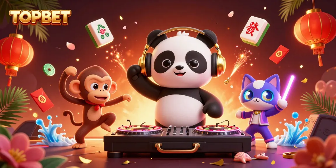 Engage with TOPBET through vibrant 3D casino art featuring DJ panda and monkey in action.