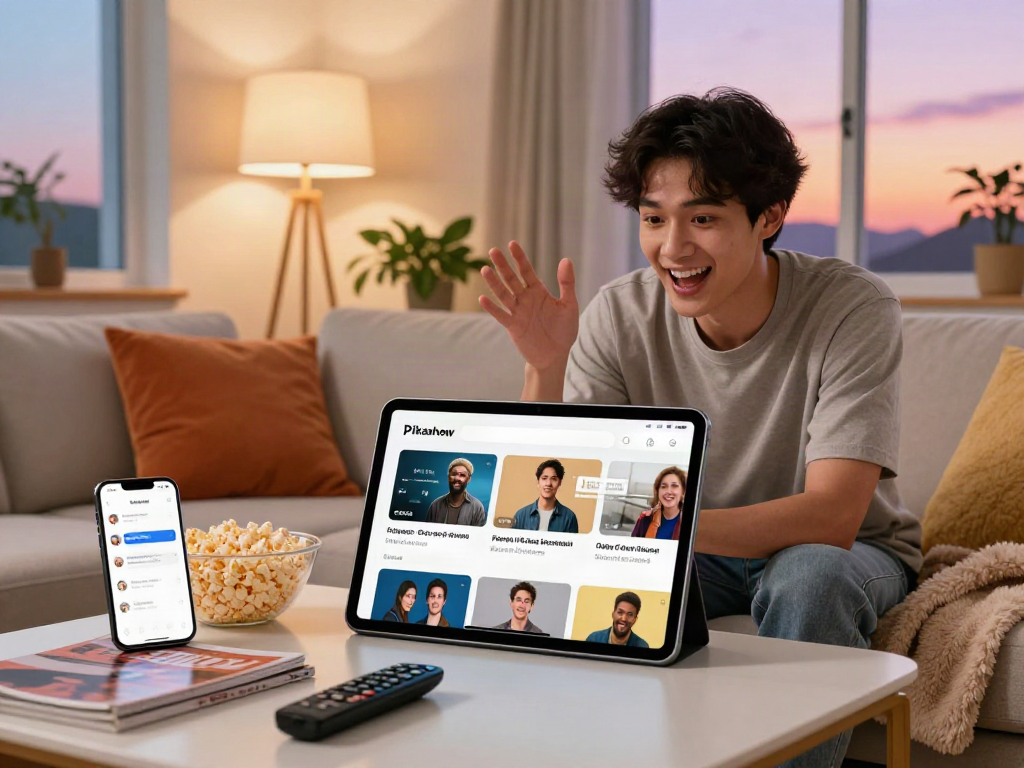 Pikashow APK download showcased on a tablet as a user enjoys streaming in a cozy living room