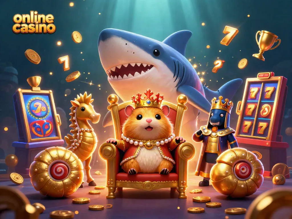 Engage with the thrilling world of an online casino featuring a fierce hamster king, slots, and golden elements.