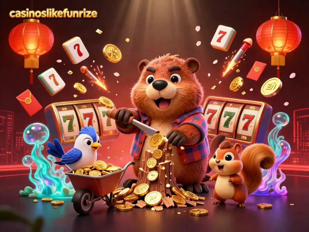 Spin and win at casinoslikefunrize with a lively scene featuring a beaver, bird, and squirrel celebrating with coins and slots.