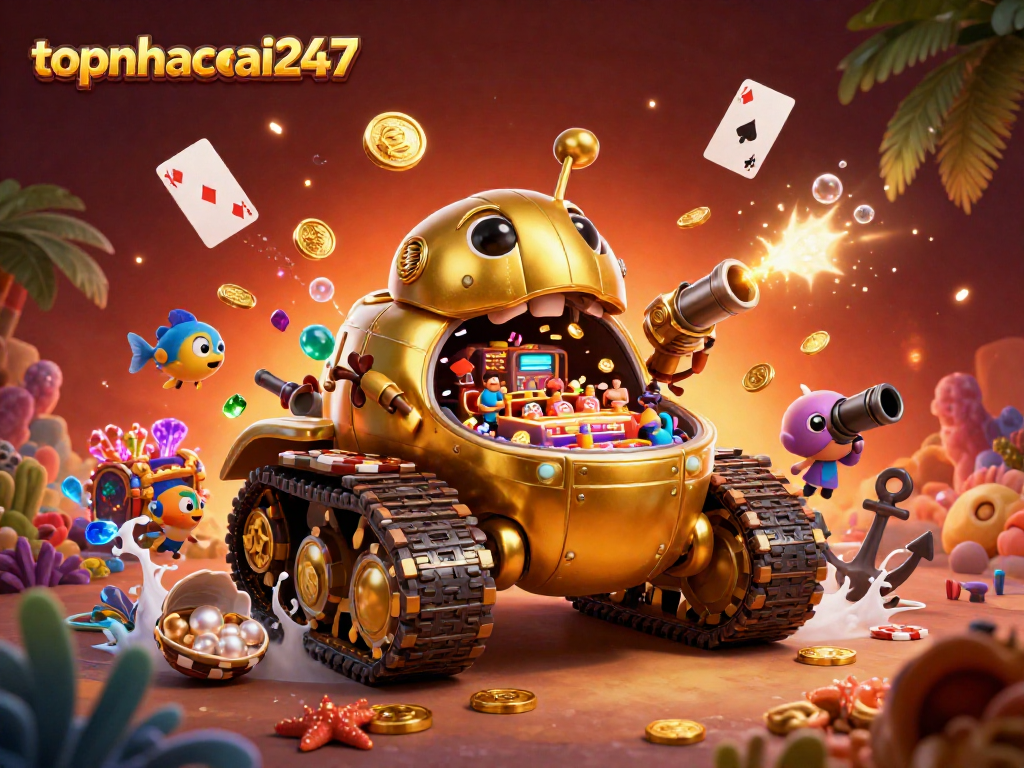 Experience thrilling gaming with topnhacai247's unique casino-themed illustration featuring a golden tank and various exciting elements.