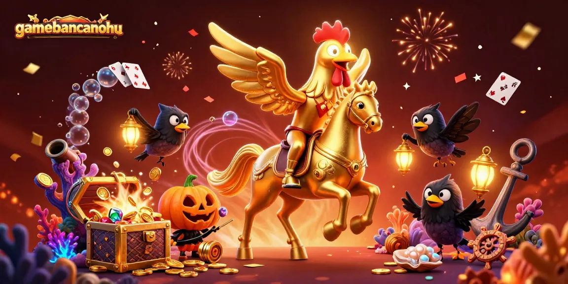 Engage with gamebancanohu's vibrant casino adventure featuring 3D cartoon characters amid a festive scene.