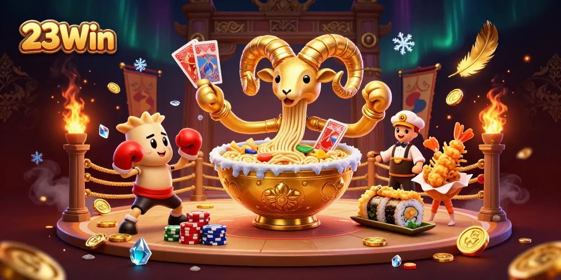 23Win sparks excitement with a vibrant 3D casino scene featuring a giant ramen bowl dealer and dynamic game elements.