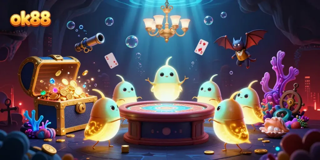 Experience the excitement of ok88 casino with glowworms lighting up a vibrant cave scene full of treasure and games.